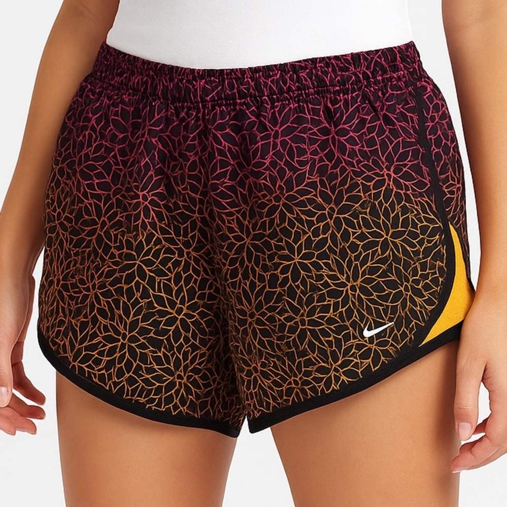 Nike Running Dri-FIT Tempo Shorts Black Orange Gradient Pattern Workout Size M